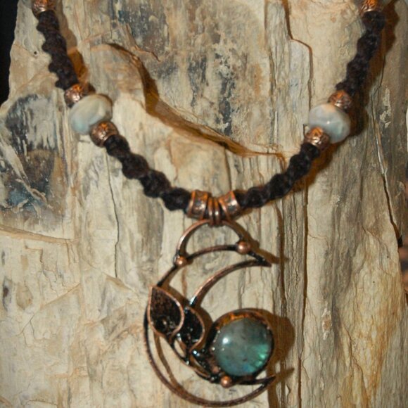 Dynamic Copper-Toned Moonstone & Leafs Crescent Moon on a Handmade Black Chain - Picture 6 of 7